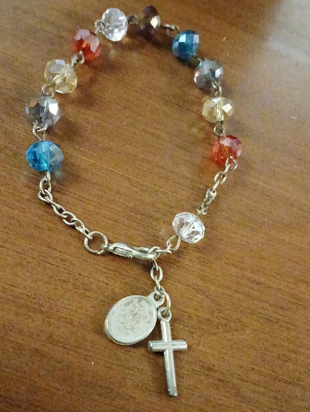 Multicolor Beaded Rosary-Style Cross Bracelet
